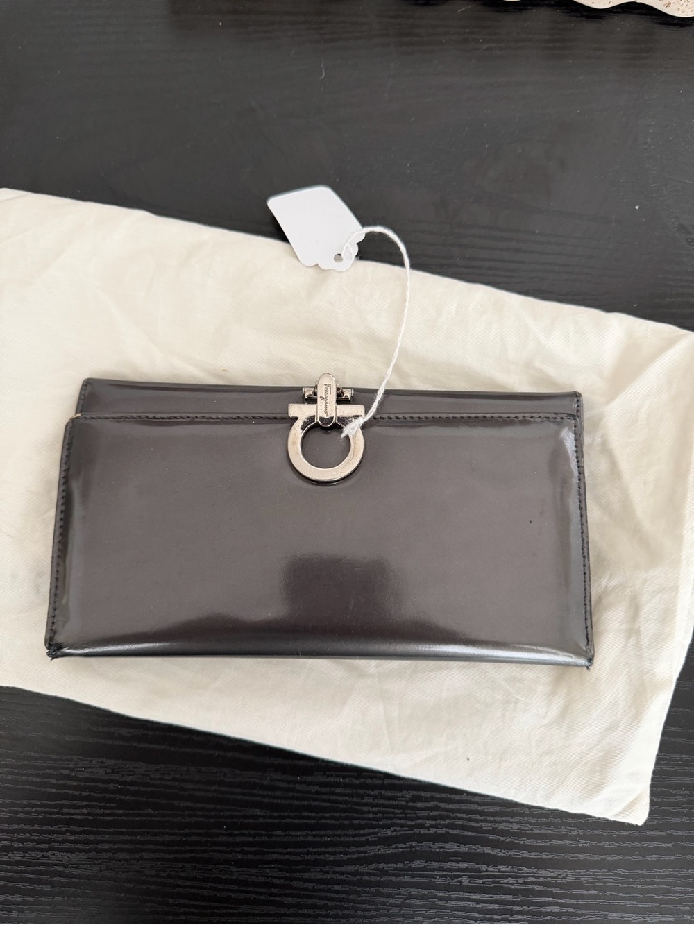 Salvatore Ferragamo Black Patent Leather Clutch Wallet with Silver Hardware